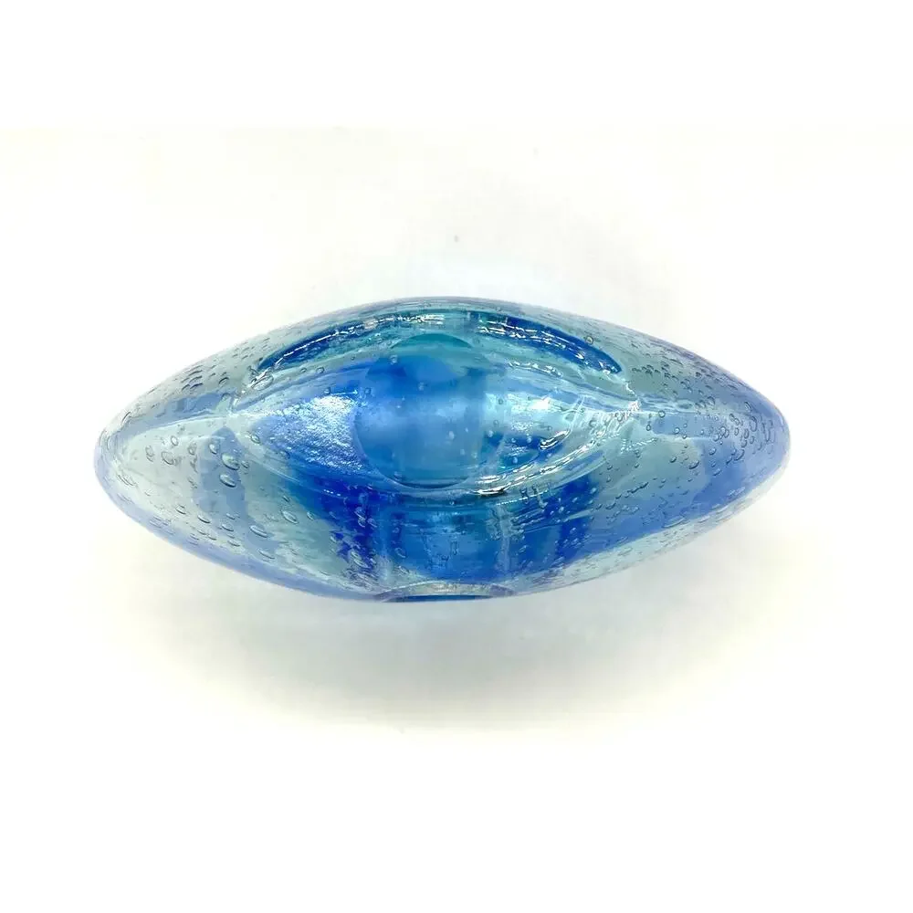Italian Art Glass Vase with Donut Hole Blue Ribbon Swirls Hand Blown 7